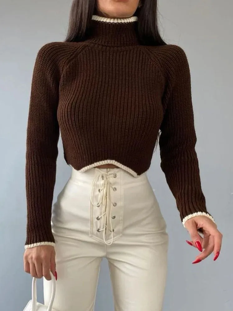 Wjczt Cropped Turtleneck Sweaters For Women Knit Long Sleeve Slim Pullover 2024 New Patchwork Knitwear Crop Sweater Jumper