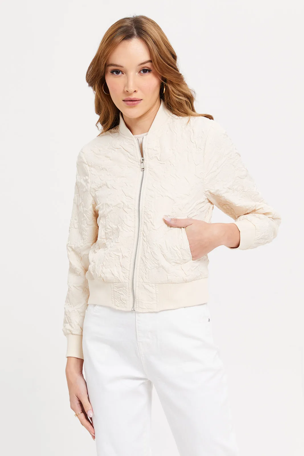 Women Beige Textured Bomber Jacket