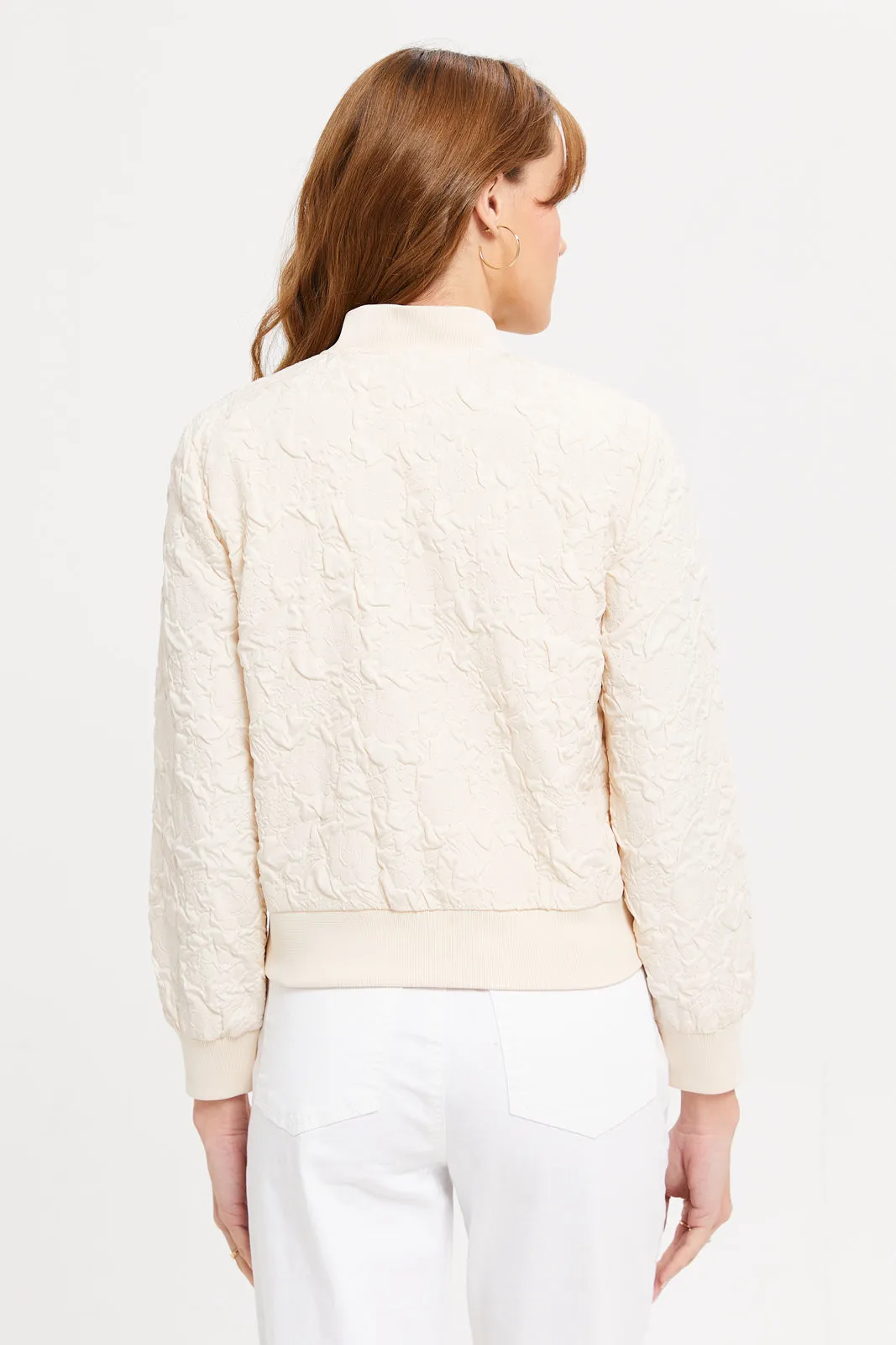 Women Beige Textured Bomber Jacket