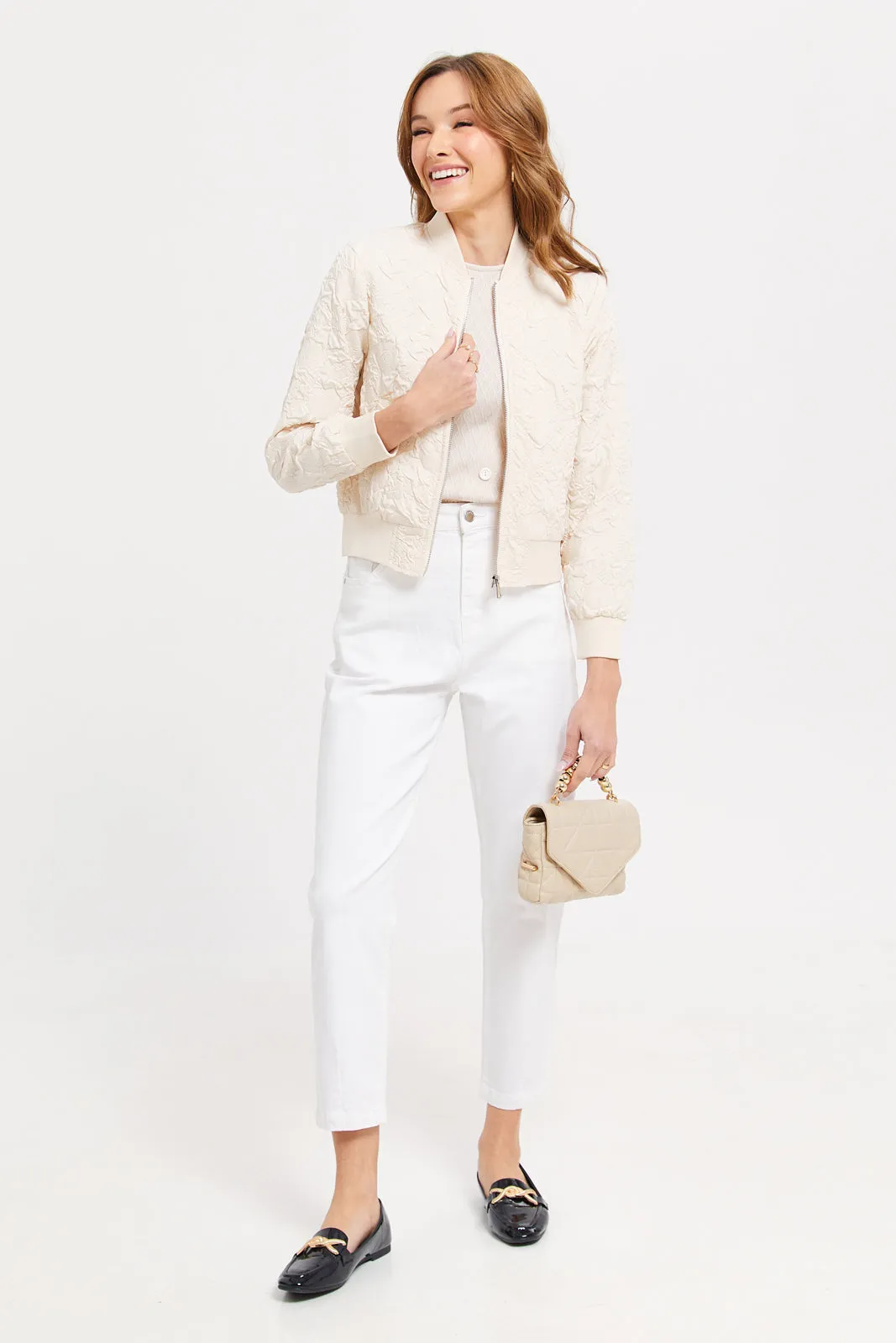 Women Beige Textured Bomber Jacket