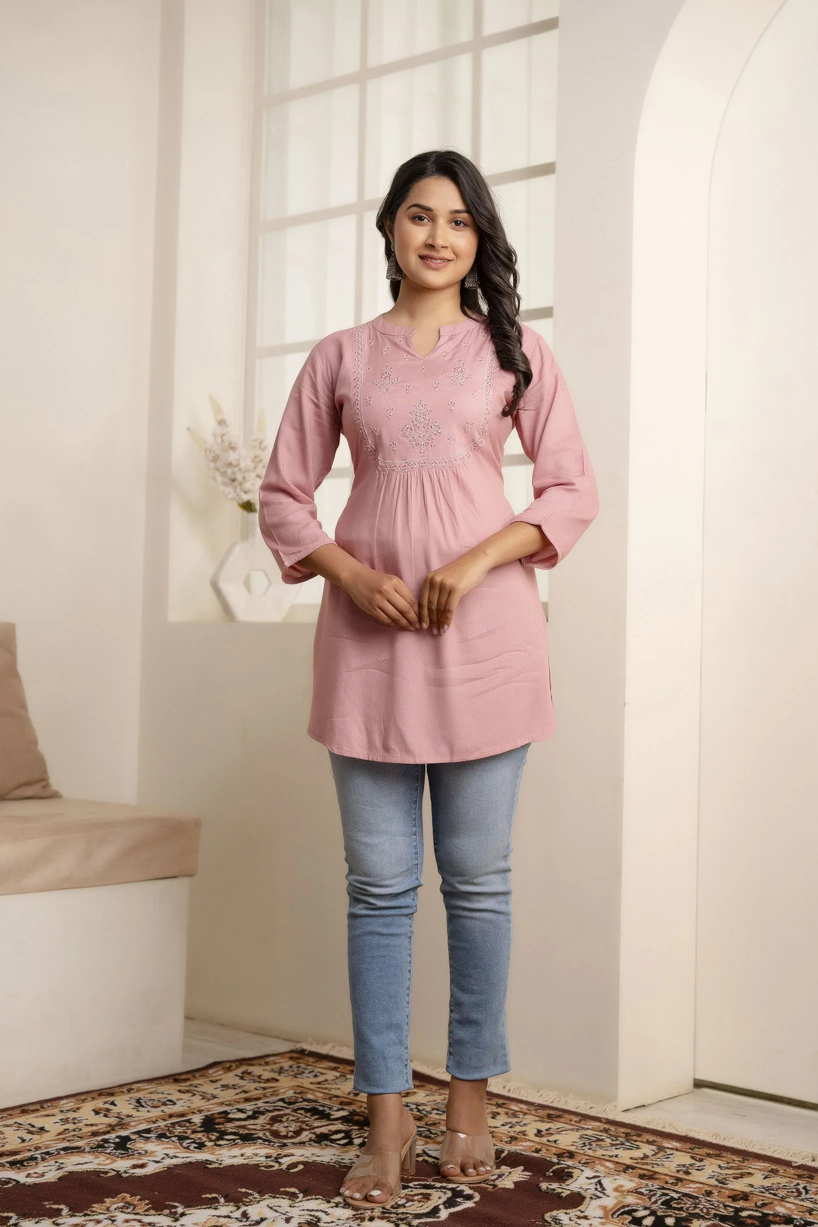 Women Mauve Embroidered Straight Tunic With Three Quaretr Sleeves