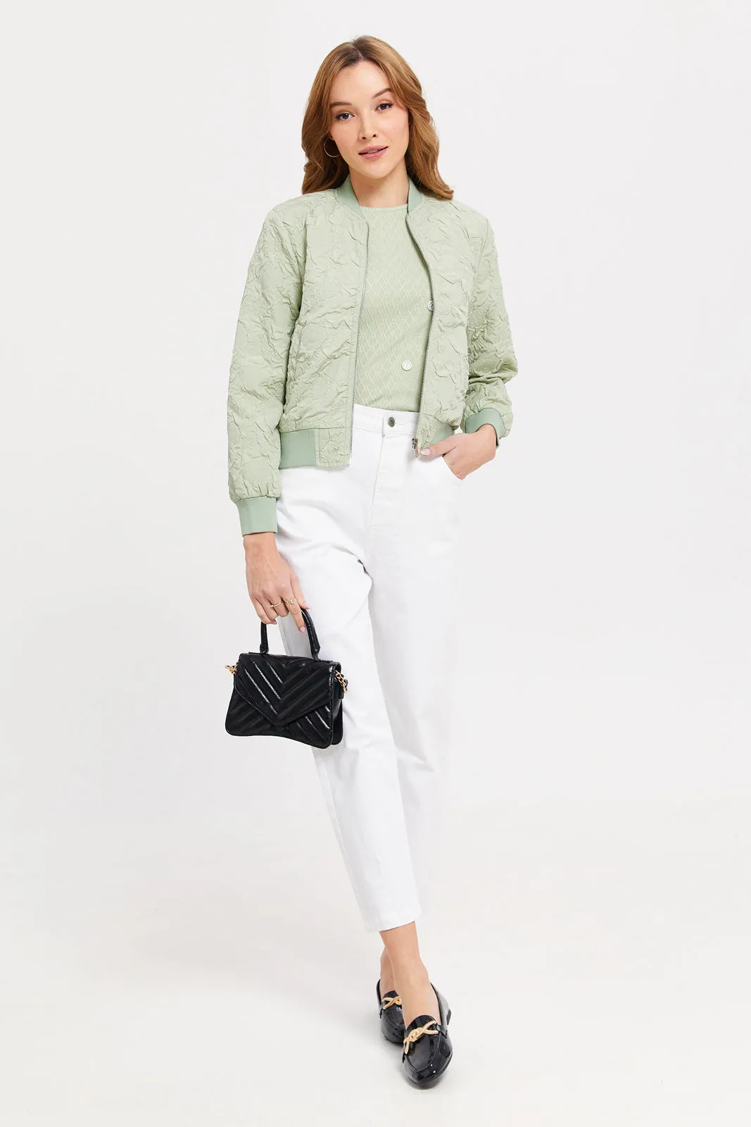 Women Mint Textured Bomber Jacket