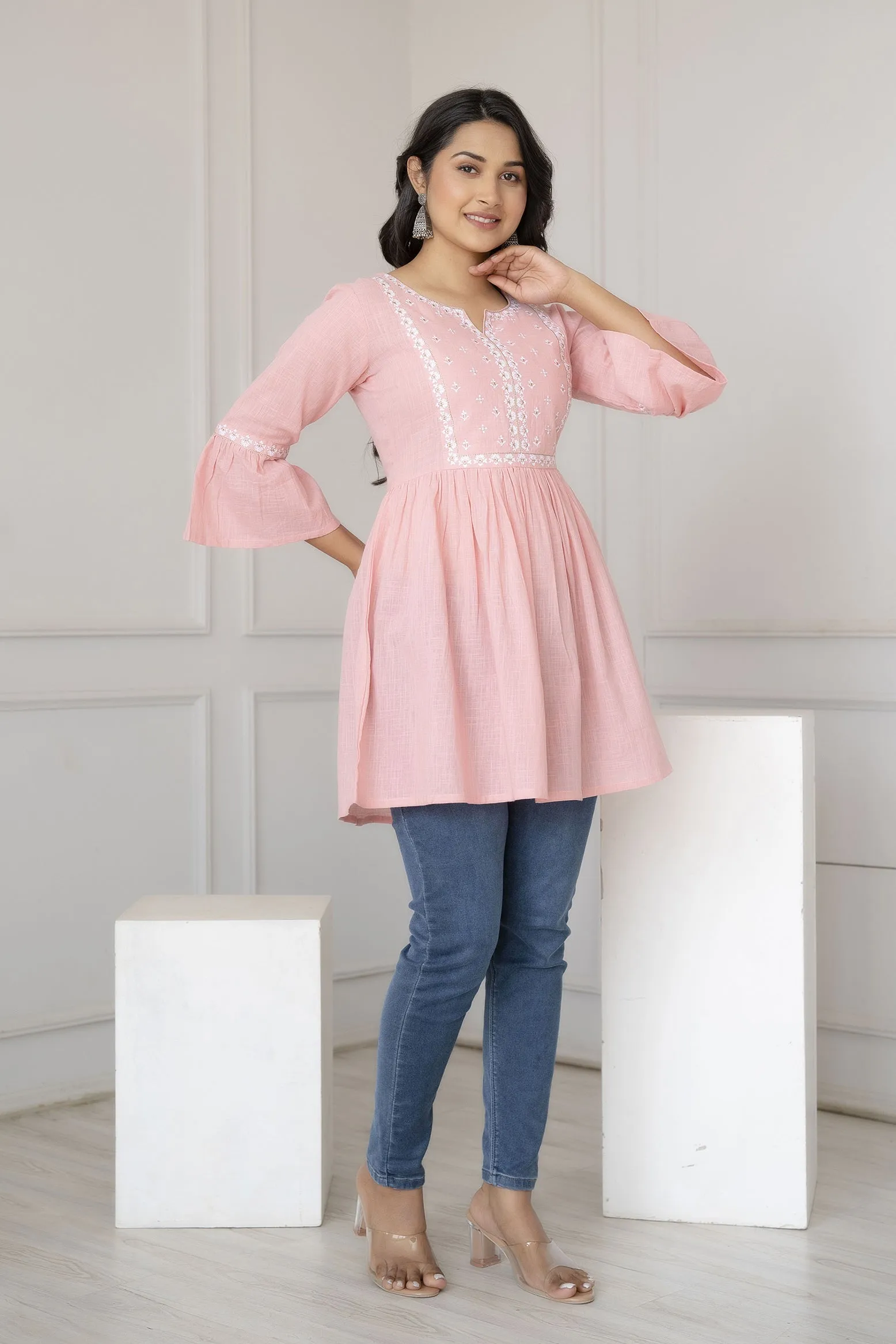 Women Pink Embroidered Peplum Tunic