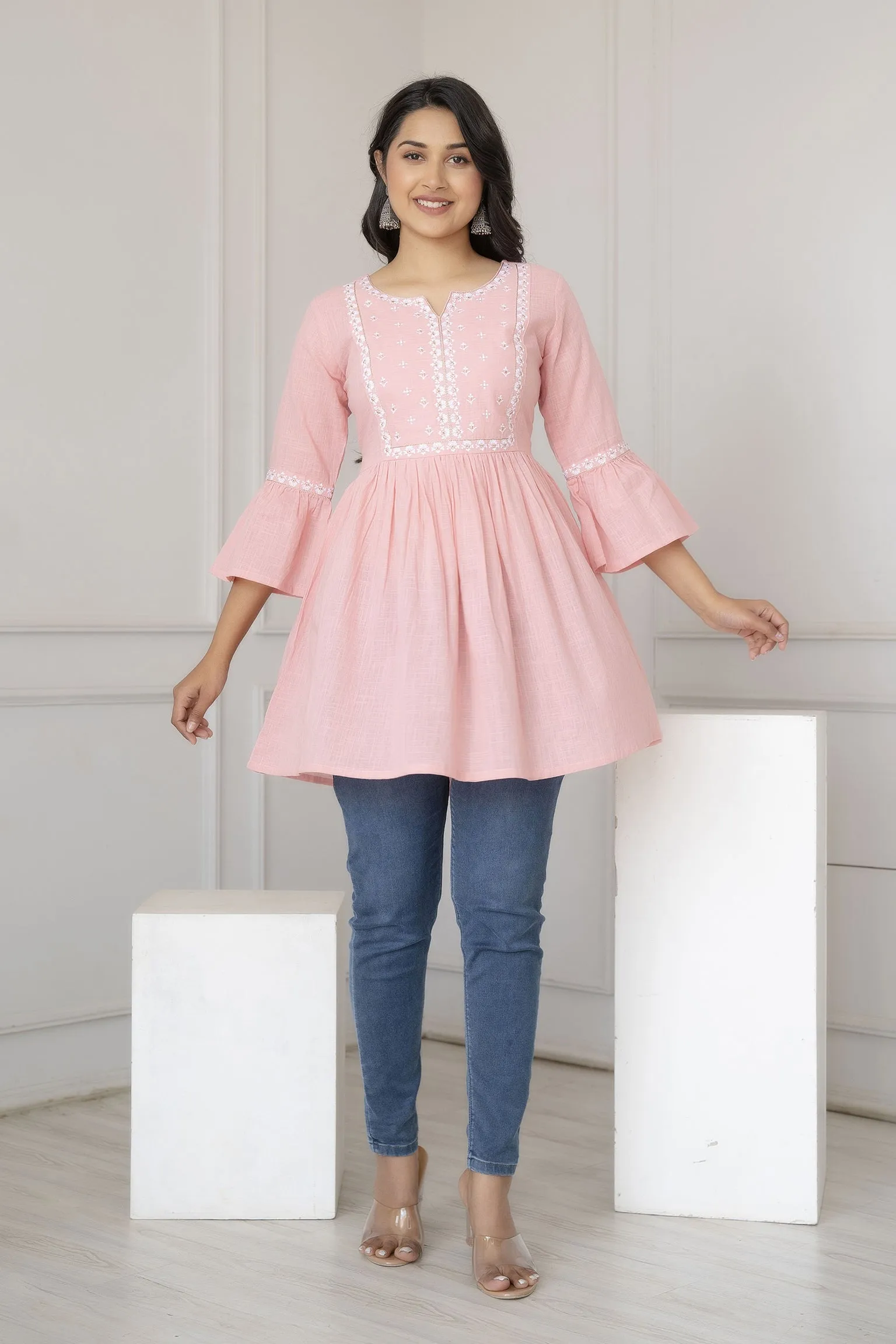 Women Pink Embroidered Peplum Tunic