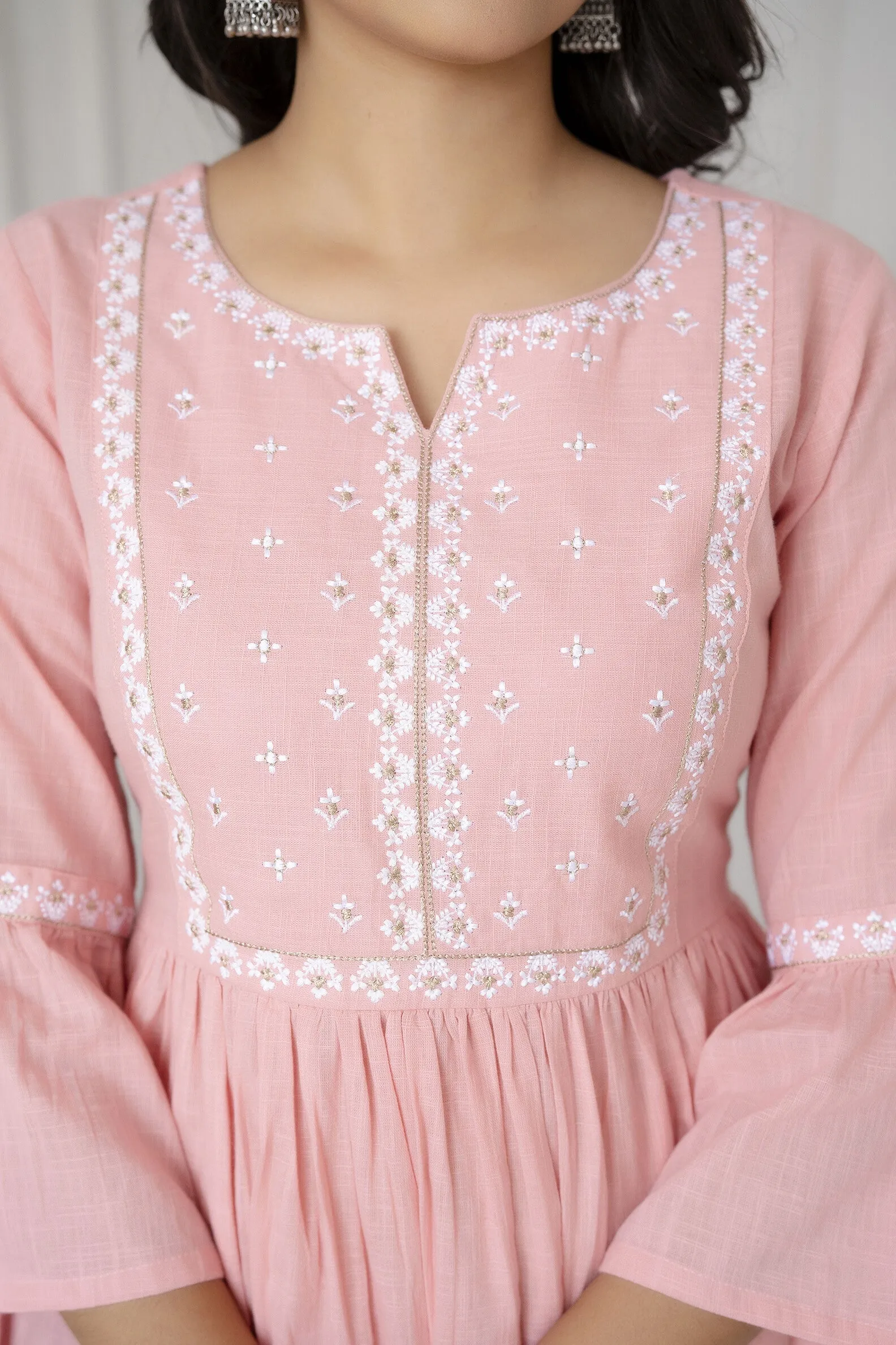 Women Pink Embroidered Peplum Tunic