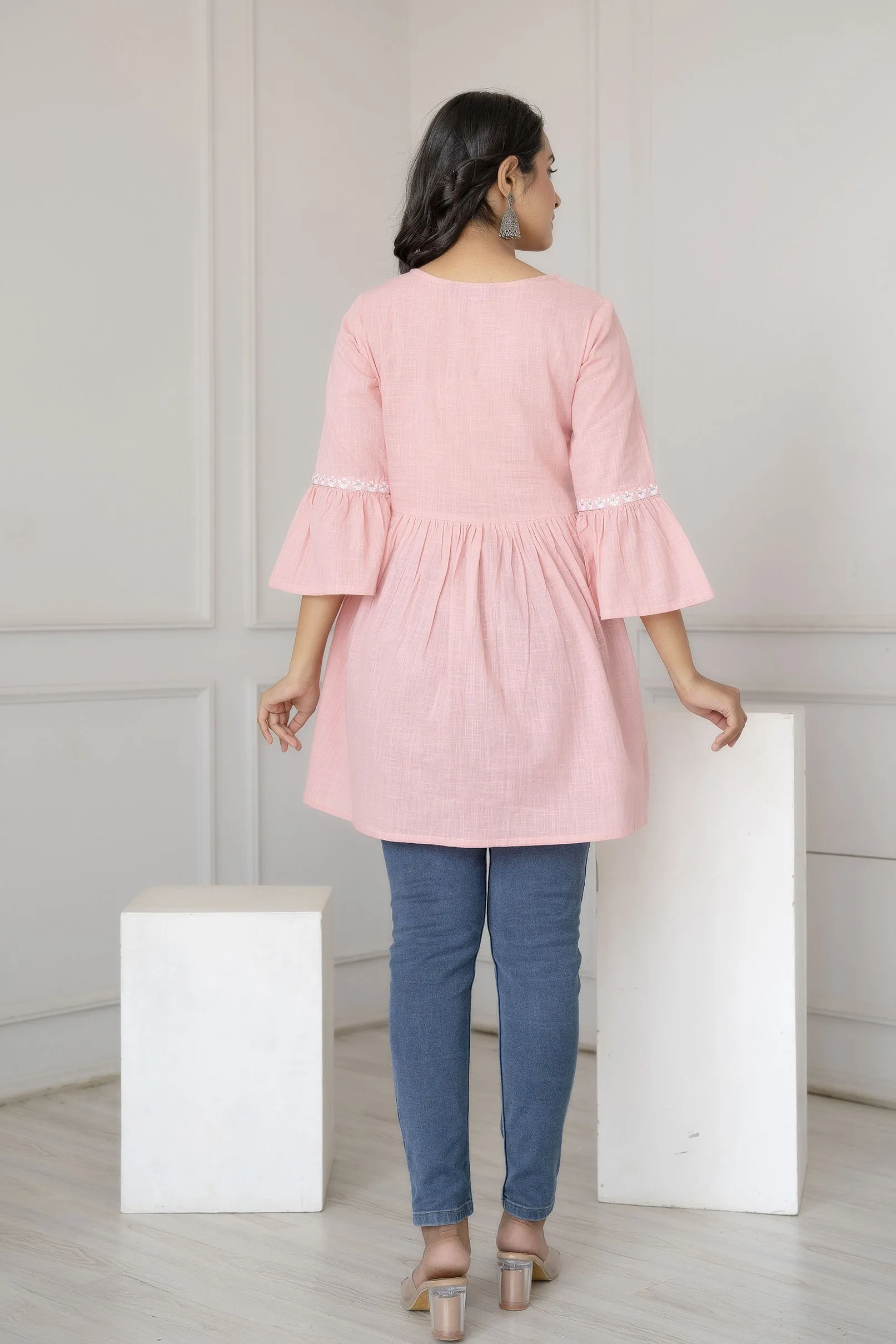 Women Pink Embroidered Peplum Tunic