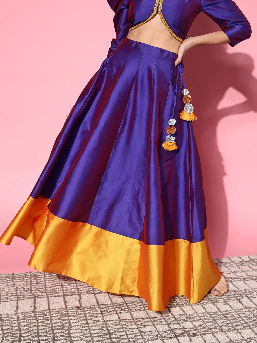 Women Purple & Mustard Contrast Border Anarkali Skirt