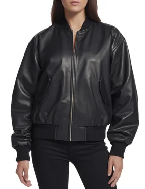 Women's Classic Black Leather Bomber Jacket