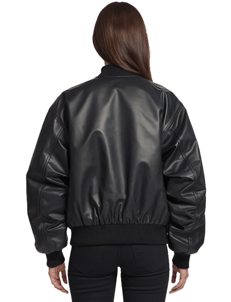 Women's Classic Black Leather Bomber Jacket