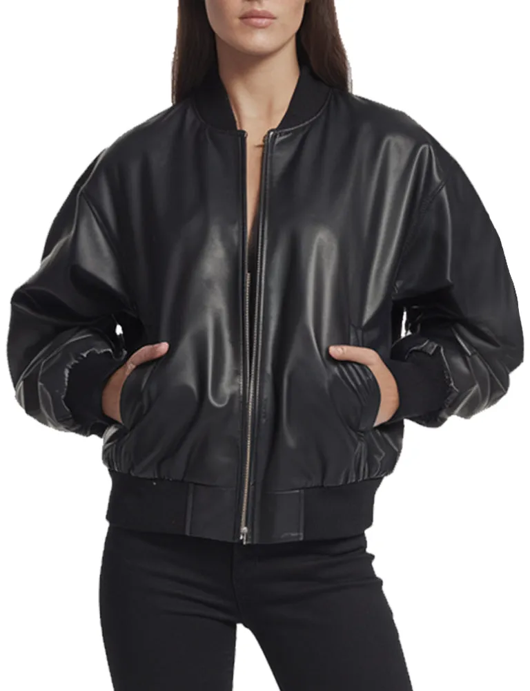 Women's Classic Black Leather Bomber Jacket