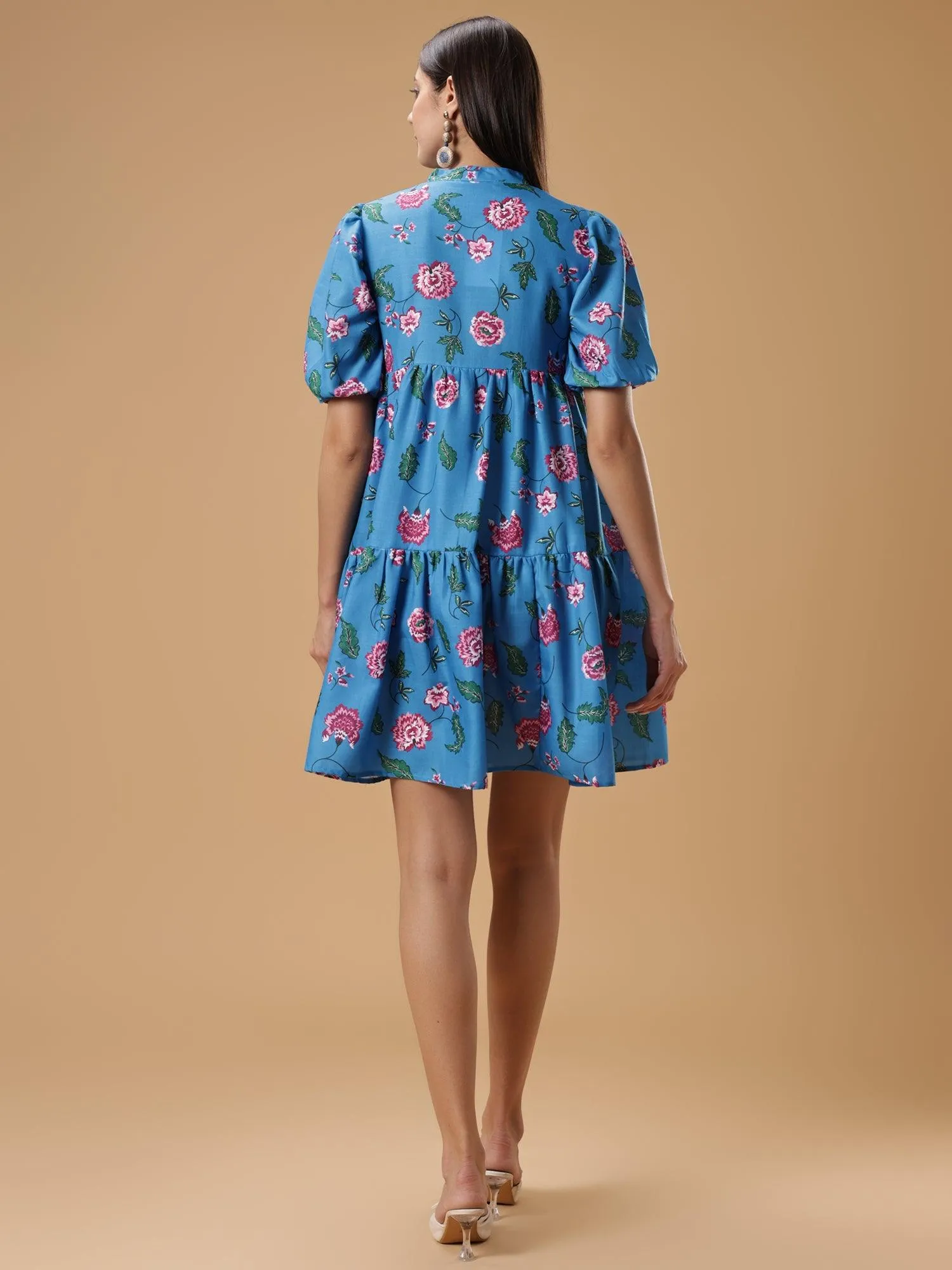 Womens Floral Printed Puff Sleeve Short Dress