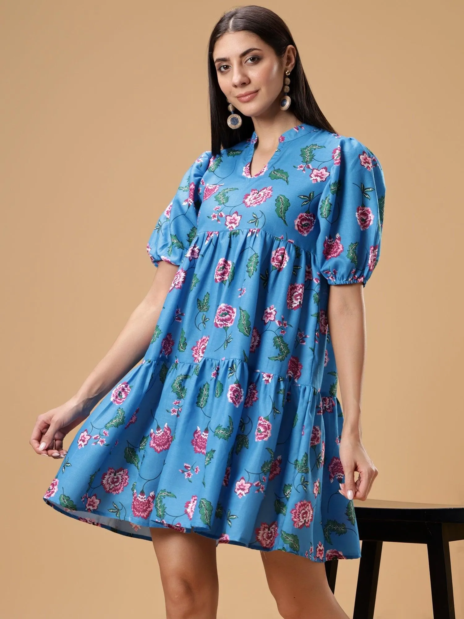 Womens Floral Printed Puff Sleeve Short Dress