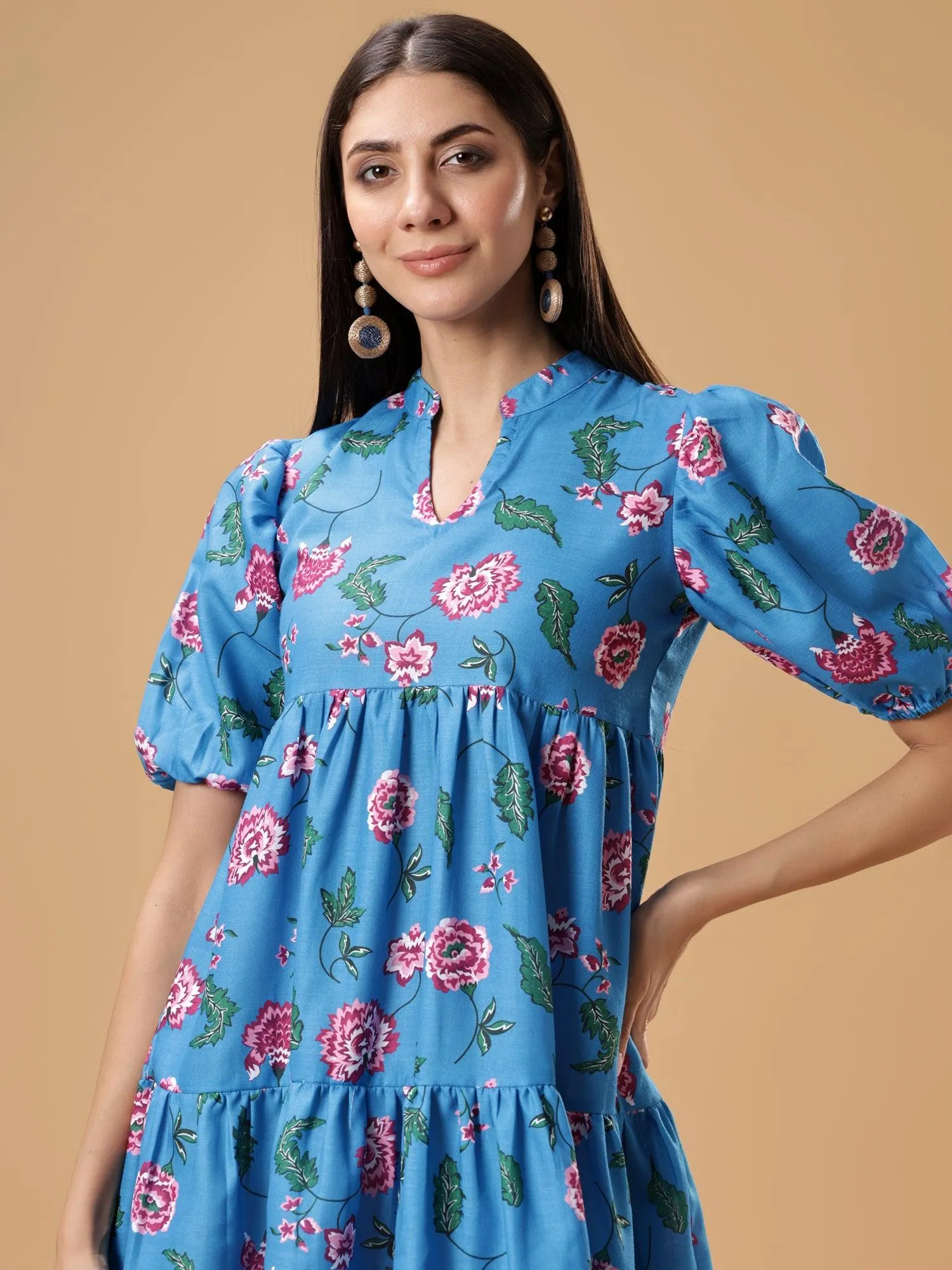 Womens Floral Printed Puff Sleeve Short Dress