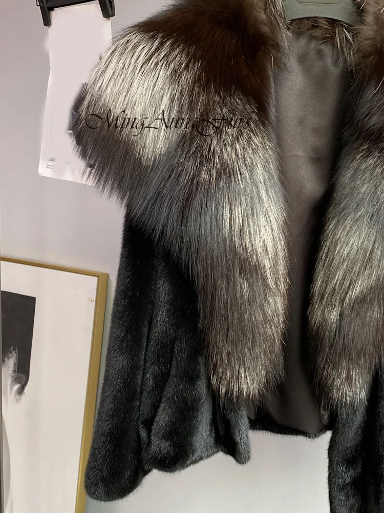 Women's Mink Fur Coat with Fox Fur Collar - Silver Fox and Mink - G0025