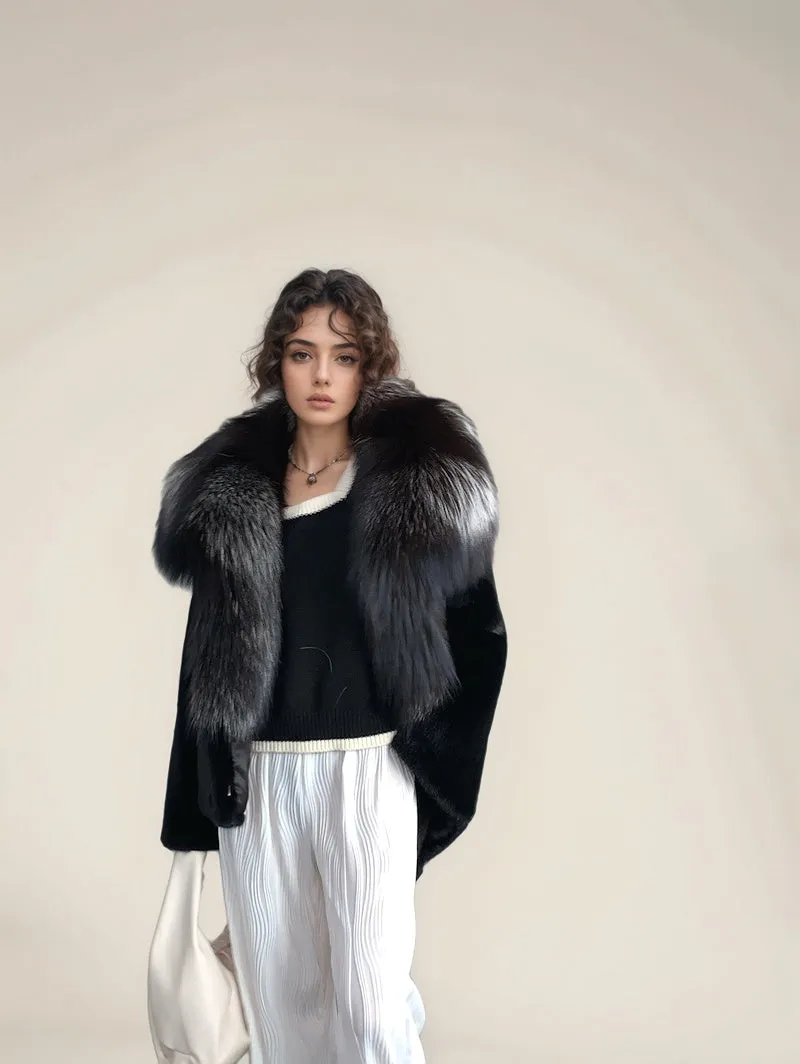 Women's Mink Fur Coat with Fox Fur Collar - Silver Fox and Mink - G0025