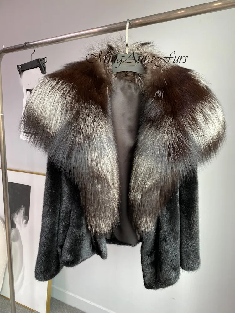 Women's Mink Fur Coat with Fox Fur Collar - Silver Fox and Mink - G0025