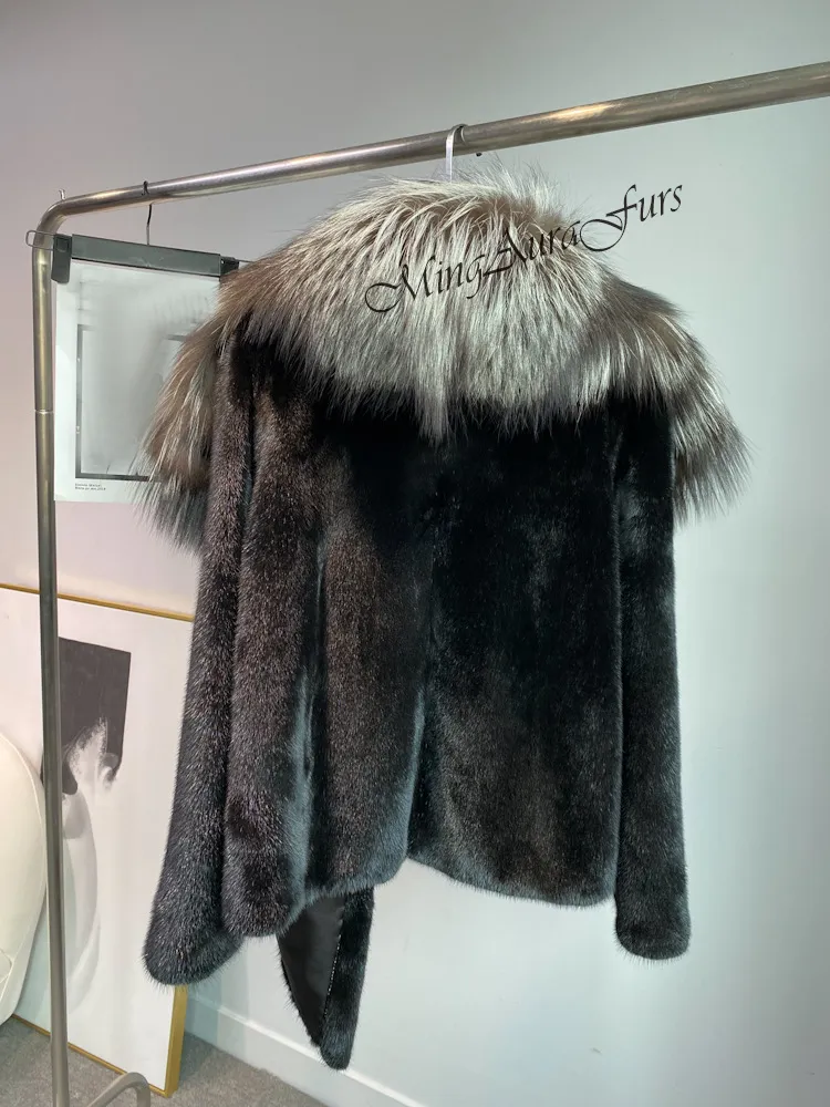 Women's Mink Fur Coat with Fox Fur Collar - Silver Fox and Mink - G0025