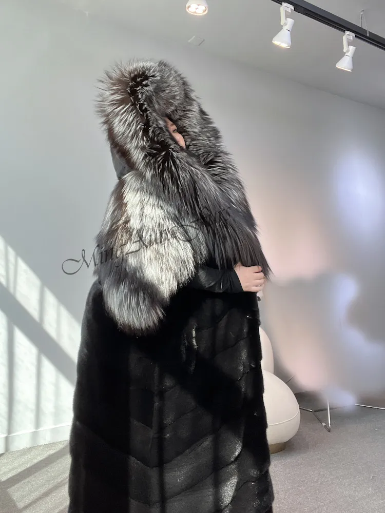 Women's Mink Fur Coat with Fox Fur Collar - Silver Fox and Mink - G0026