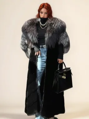 Women's Mink Fur Coat with Fox Fur Collar - Silver Fox and Mink - G0026