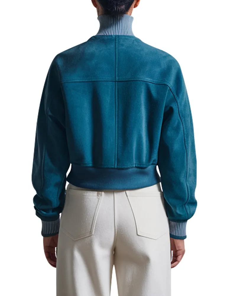 Women's Teal Suede Bomber Jacket With High Collar