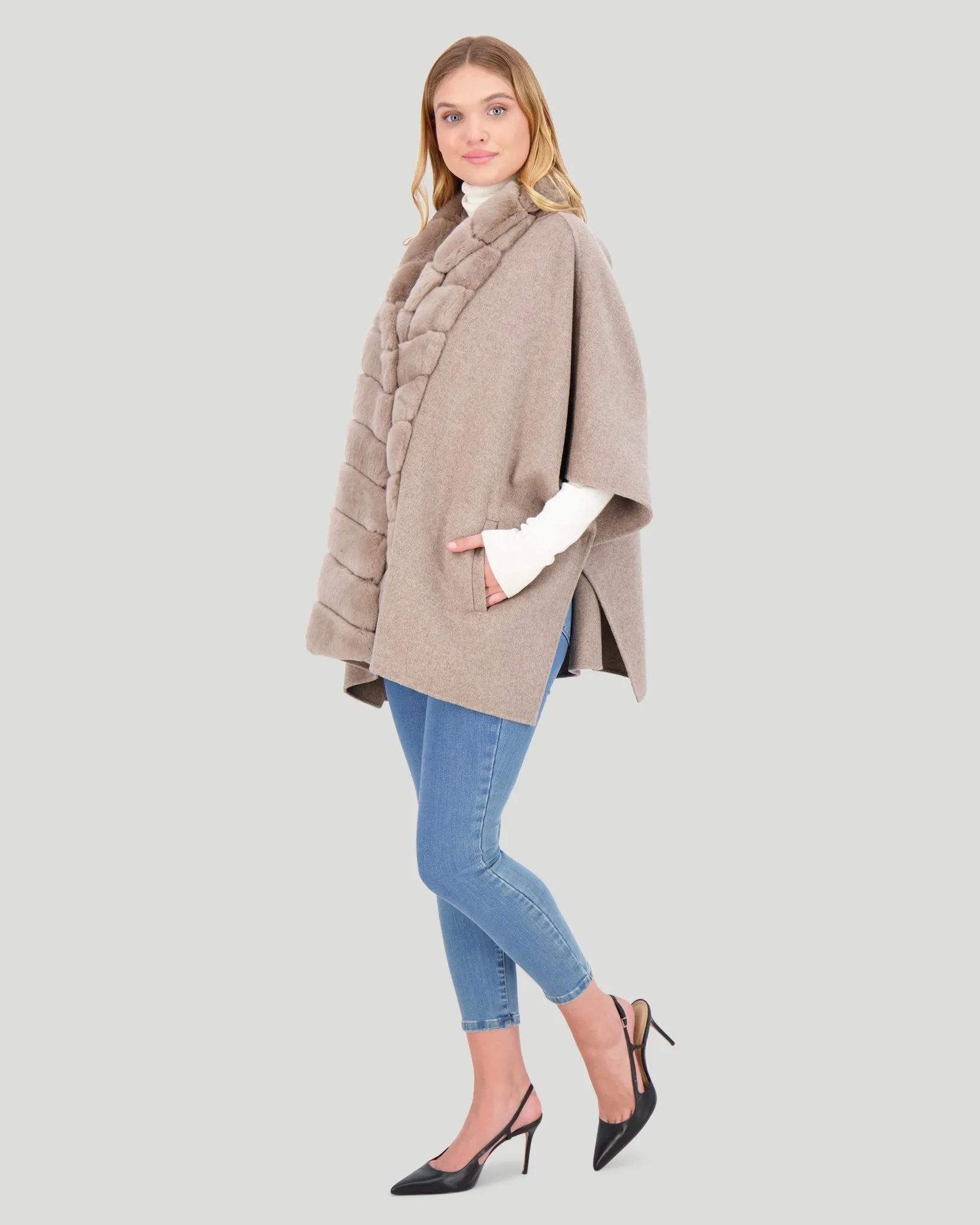 Wool Cape with Chevron Rex Rabbit Trim