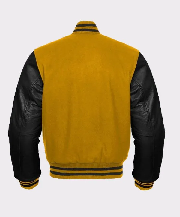 Yellow Wool And Genuine Black Leather Sleeves Baseball Jacket