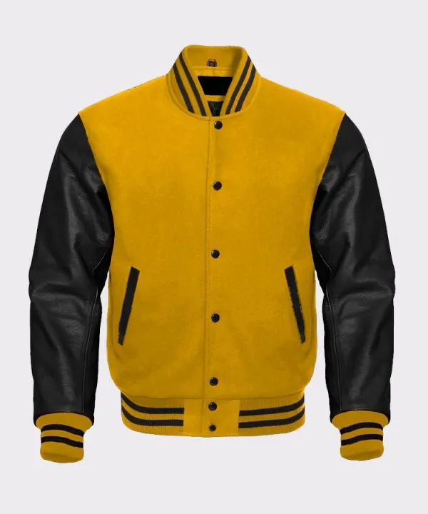 Yellow Wool And Genuine Black Leather Sleeves Baseball Jacket